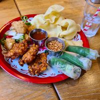 Veggie starter sharer. We swapped the spring rolls that weren't vegan for extra pumpkin crackers, which aren't shown here. at Rosa's Thai Cafe in Manchester