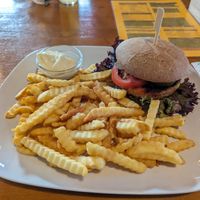 Veggie Burger mit Pommes und veganer Mayo at Bistro am Gleis in Bad Driburg