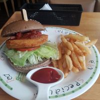 "pork" salsa burger and really great fries! at PP 99 Cafe in Taipei
