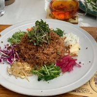 SLOWJAM Kao yam with soy meat and an organic Darjeeling tea  at Slow Jam in Yamagata
