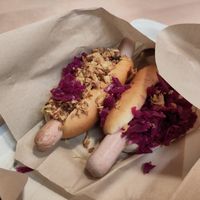 Vegan protein sausage with onions and red cabbage at IKEA in Lhospitalet De Llobregat
