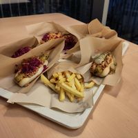 Plate with hotdogs and fries at IKEA in Lhospitalet De Llobregat