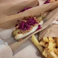 Green vegetable sausage with onion and red cabbage at IKEA in Lhospitalet De Llobregat