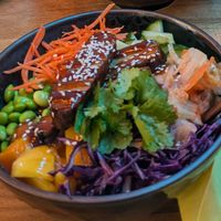 Tempeh poke bowl at Acai Poke in Prague