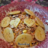 Breakfast muesli -- bananas cut in hearts, aww! at Bonita Cafe and Social Club in Bangkok