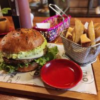 Veggie burger and french fries at TAO - Dulce Salado in Aguas Calientes