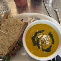 Carrot ginger, soup, and chickpeas sandwich  at Mojo Market in Buffalo