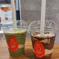 Almond drinks with kiwi and veg (left) and chocolate (right) at Almond Days in Tokyo