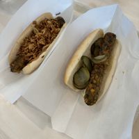 Vegan hot dogs with onion and with pickles  at IKEA in Zaragoza