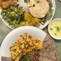 Sri Lankan curry (top) and red bean curry and mango salsa with finger millet roti (bottom)  at The White Rabbit  in Ella