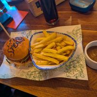 Vegan katsu burger and house fries at The Head of Steam in Sheffield