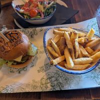 Vegan cheeseburger and fries at The Head of Steam in Sheffield
