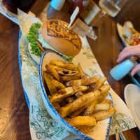 Vegan cheeseburger and fries at The Head of Steam in Sheffield