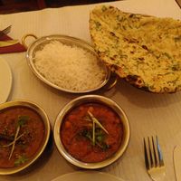 Chana Masala (right), garlic bread at Jewel Of India in Sao Miguel