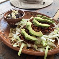 Chilaquiles with chorizo (bigger than it looks in this photo)    at Vegan Barrio in Cozumel