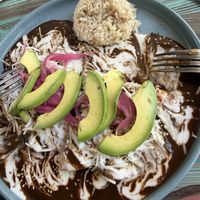 Enmoladas with best mole we’ve ever had!  at Vegan Barrio in Cozumel