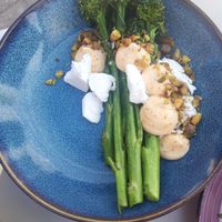 Broccolini with spicy toragashi mayo and vegan feta at Dam Bar in Tampere