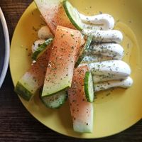 Watermelon & cucumber with feta-style fermented cream (surprisingly cheesy!)  at Manto in Malmo