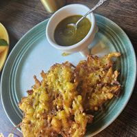 Crispy pakora with spicy fermented kiwi and coriander chutney  at Manto in Malmo