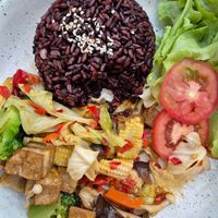 Pork belly with stir fried vegetables at Organic Room in Ayutthaya