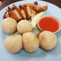 "Chicken" rice balls. I wasn't too keen on it but my friend wanted to try. I took a bite from his plate  and ended up eating more! It was surprisingly very good! My friend is not vegetarian and he ended up liking this vegetarian rice ball more than the real chicken meat ones! at Shui Xian Su Shi Yuan in Malacca