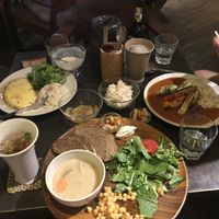 The dish with the soup, bread, salad, beans, and cheese was so good!   at Cafe Sukkara - 수카라 in Seoul