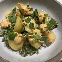 Roasted potatoes, chilli mayo, wilted winter greens #Veganuary at and/or  in Antwerpen