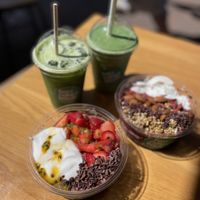 Vegan bowl and juices  at Bare Naked Bowls in Bondi Beach