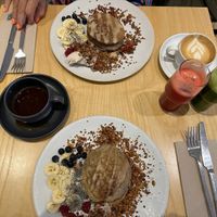 Vegan pancakes 🥞 with red beast & green boost 😋  at Numa Café - AMUN Cafe in Lisbon