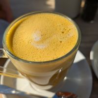 Turmeric latte with almond milk at Terbodore Café in Franschhoek