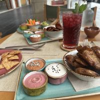 Smashed Potatoes, Sweet Potatoes, Carrots and Cucumbers with dips  at Alubia plant power in Mallorca