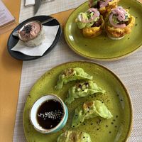 Hummus, plantain baskets and gyozas  at Alubia plant power in Mallorca