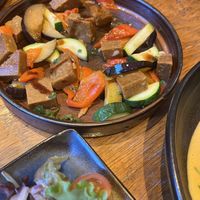 Seitan with roasted veg   at Jorge's Restaurant in Norwich