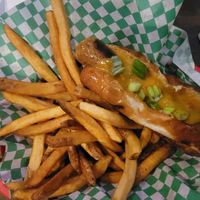 This is the vegan brat and it was delicious but pretty spicy! at Depot Tavern in Minneapolis