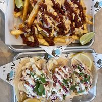 Pulled pork fries and fish tacoss  at Earth Aloha Eats in Kihei