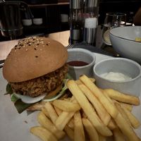 Vegan burger with fries  at Jaya House River Park in Siem Reap