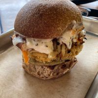 Breakfast sandwich with cashew cheesy sauce, homemade 'sausage', smoked sweet potatoes at LuLu's in Memphis