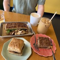 Soft boi sando. Coffee cake. And sausage biscuit. With iced latte and Memphis fog    at LuLu's in Memphis