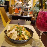 Main course with dragon fruit iced tea at V Vegan in Hoi An