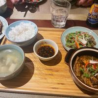 Set menu 4 - caramelised tofu in clay pot with rice, green bean salad and mushroom and tofu soup   at V Vegan in Hoi An