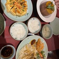Tofu (entree) pumpkin curry and ‘chicken’ rice (tofu skin)   at V Vegan in Hoi An