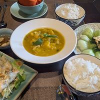 Steamed rice pancakes, pumpkin curry with steamed rice and bok choi covered in garlic. Delicious. at V Vegan in Hoi An