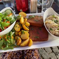 Vegan Leberkäse with a side salad and cabbage  at Brauhaus Tünnes und Schäl in Cologne