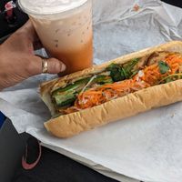 Tofu banh mi and Thai tea with coconut milk and tapioca pearls at Banh Mi & Bubble Tea in Bellingham