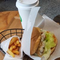 French fried chicken burger and fries at Just Burger  in Chiayi