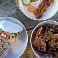 satay sticks, Korean fried mushrooms, chick'n bao at Purple Rabbit Food Truck in Ascot Vale