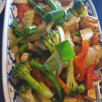 Basil chilli stirfry tofu & veg at My Thai Restaurant in Gisborne