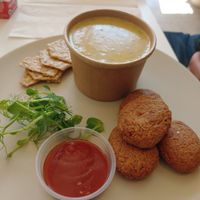 Potato soup and "chicken" nuggets at Happy Chicks Bakery in Cincinnati