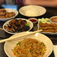 satay, fried rice, eggplant & fried chicken at Zen Xin Vegetarian in Penang