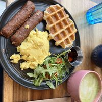 The amazing vegan breakfast and match latte with oat milk  at Craffles in Vancouver